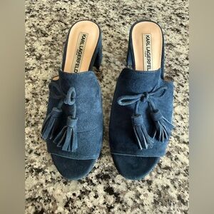 Karl Lagerfeld Navy Suede Tassel Block Heel Mules Size 6